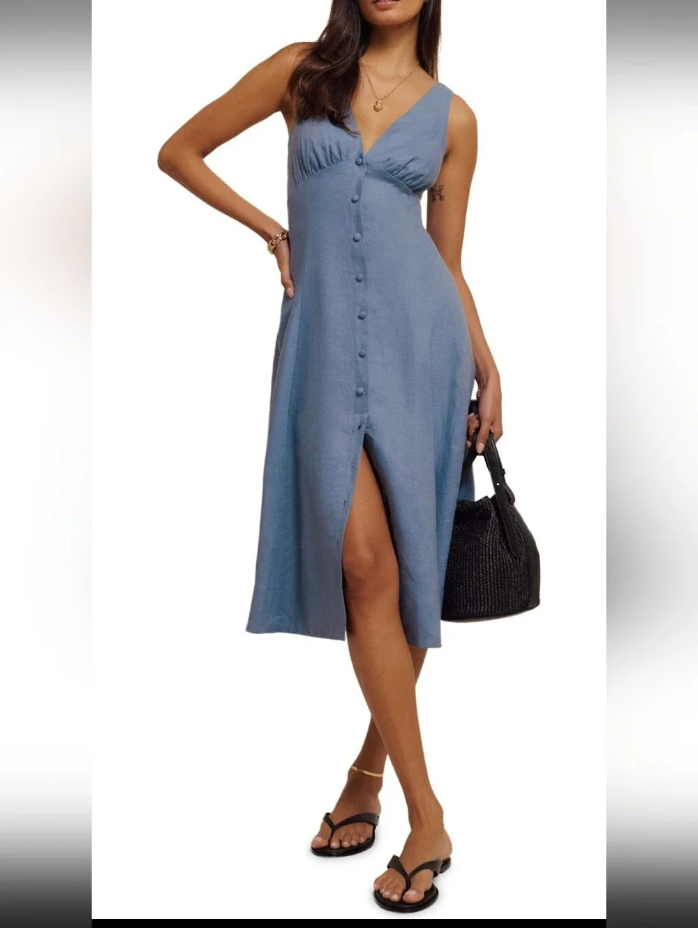 NWT Reformation Sebastien Button Front Linen Midi Dress Size 8